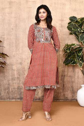 Lyra red bagru block print cotton kurta set