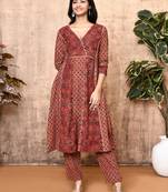 Lissa red ajrakh cotton flared kurta set