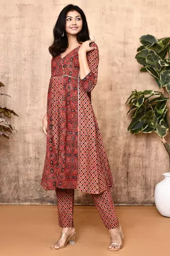 Lissa red ajrakh cotton flared kurta set