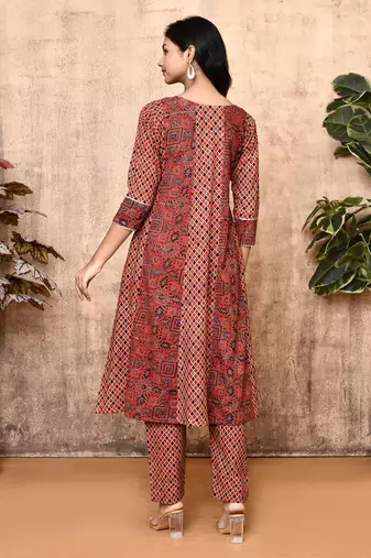 Lissa red ajrakh cotton flared kurta set