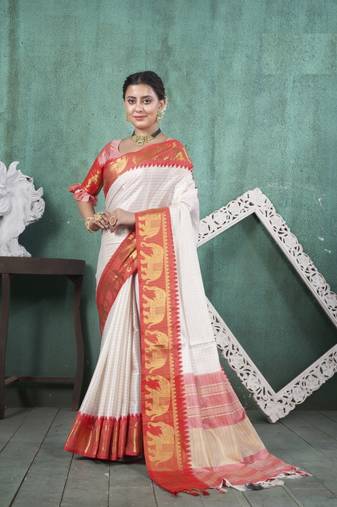 Red kanjivaram silk blend with Rich Gold Border And Elephant Motifs Saree With Blouse For Women