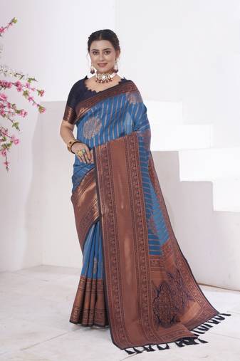 Blue Kanchivaram Silk Zari Weaving With Gold Zari Border And Pallu Saree With Blouse For Women