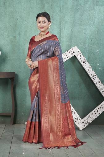 Grey Kanchivaram Silk Zari Weaving With Gold Zari Border And Pallu Saree With Blouse For Women