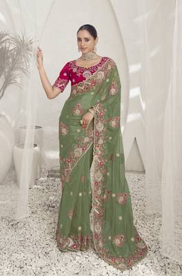 Light green color  codes and sequins fancy fabric wedding wear saree with blouse fabric 1