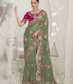 Light green color  codes and sequins fancy fabric wedding wear saree with blouse fabric