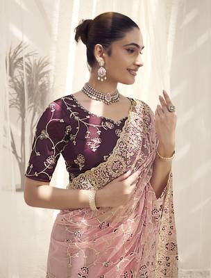 Gajri color  codes and sequins net wedding wear saree with blouse fabric 2