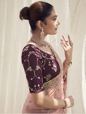 Gajri color  codes and sequins net wedding wear saree with blouse fabric 3
