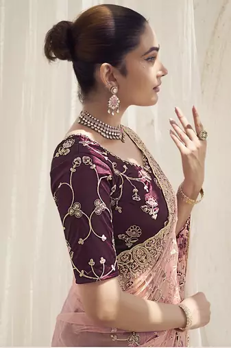 Gajri color  codes and sequins net wedding wear saree with blouse fabric