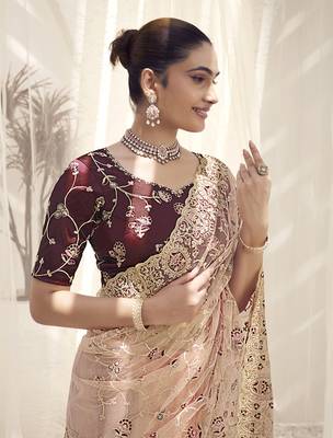 Peach color  codes and sequins net wedding wear saree with blouse fabric 2