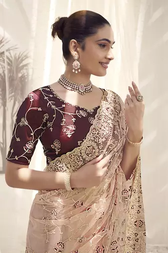 Peach color  codes and sequins net wedding wear saree with blouse fabric