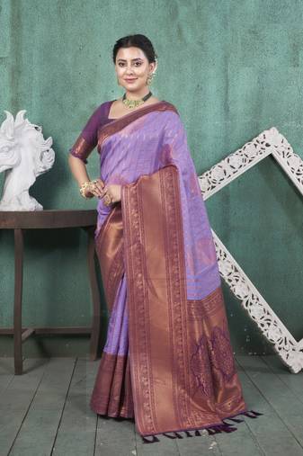 Purple Kanchivaram Silk Zari Weaving With Gold Zari Border And Pallu Saree With Blouse For Women