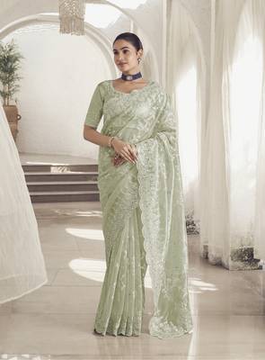 Pista color  codes and sequins net wedding wear saree with blouse fabric 1