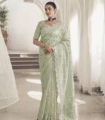 Pista color  codes and sequins net wedding wear saree with blouse fabric