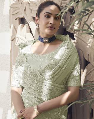 Pista color  codes and sequins net wedding wear saree with blouse fabric 2