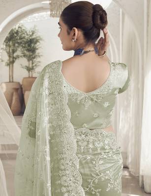 Pista color  codes and sequins net wedding wear saree with blouse fabric 3