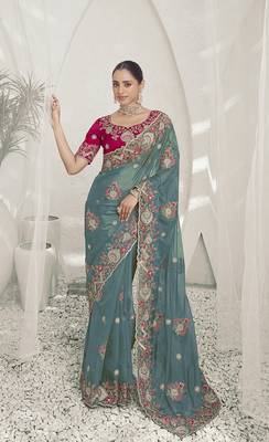 Rama green color  codes and sequins fancy fabric wedding wear saree with blouse fabric 1