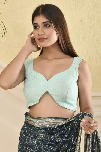 Blue heavy bordered saree with unstitched blouse fabric