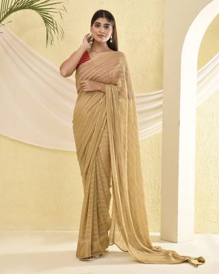 Golden zari striped bordered saree with unstitched blouse fabric 1