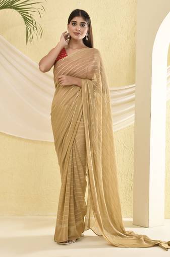 Golden zari striped bordered saree with unstitched blouse fabric