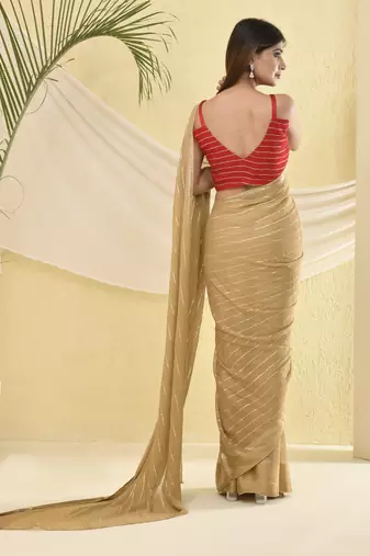 Golden zari striped bordered saree with unstitched blouse fabric