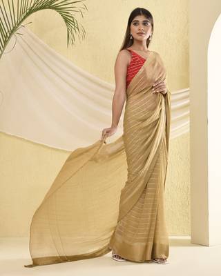Golden zari striped bordered saree with unstitched blouse fabric 3
