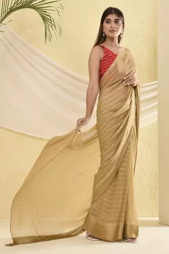 Golden zari striped bordered saree with unstitched blouse fabric