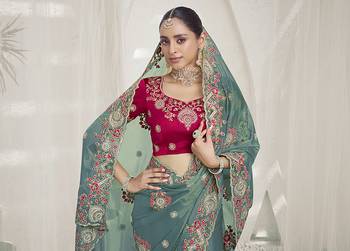 Rama green color  codes and sequins fancy fabric wedding wear saree with blouse fabric 2