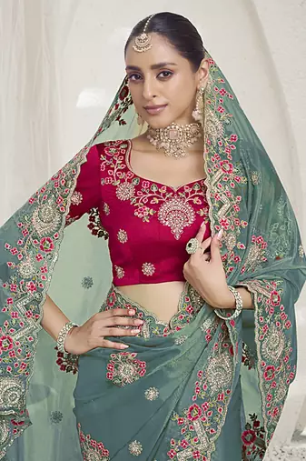 Rama green color  codes and sequins fancy fabric wedding wear saree with blouse fabric