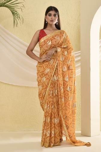 Yellow bandhani and zari work saree with unstitched blouse fabric