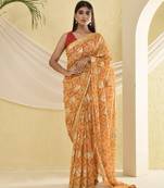 Yellow bandhani and zari work saree with unstitched blouse fabric