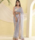 Grey leheriya worked saree with unstitched blouse fabric