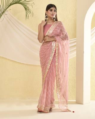 Blush pink leheriya saree with unstitched blouse fabric 1