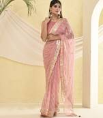 Blush pink leheriya saree with unstitched blouse fabric