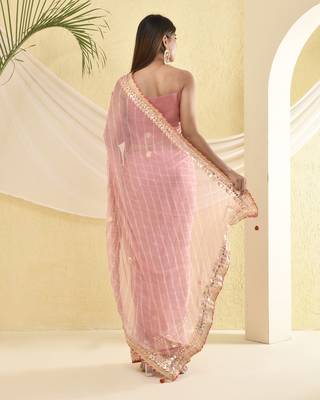 Blush pink leheriya saree with unstitched blouse fabric 2
