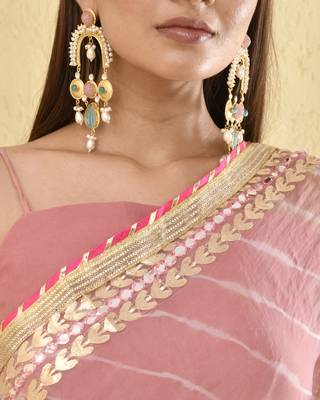 Blush pink leheriya saree with unstitched blouse fabric 3