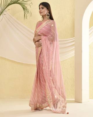 Blush pink leheriya saree with unstitched blouse fabric 5