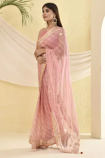 Blush pink leheriya saree with unstitched blouse fabric