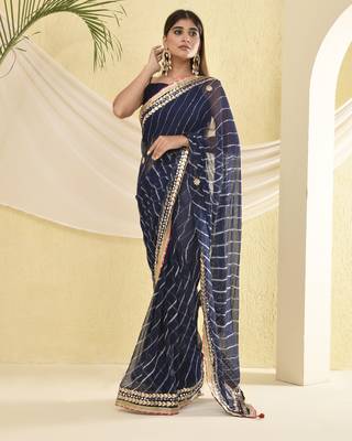 Blue leheriya gota work saree with unstitched blouse fabric 1