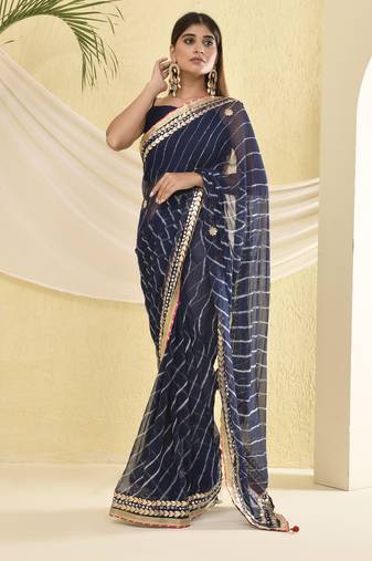 Blue leheriya gota work saree with unstitched blouse fabric