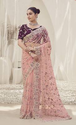 Gajri color  codes and sequins net wedding wear saree with blouse fabric 1