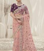 Gajri color  codes and sequins net wedding wear saree with blouse fabric