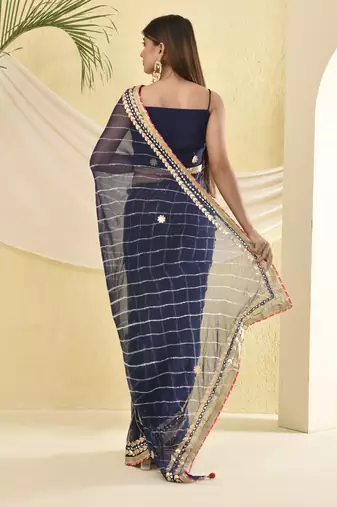Blue leheriya gota work saree with unstitched blouse fabric