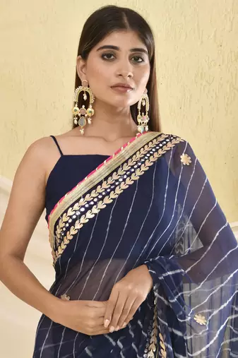 Blue leheriya gota work saree with unstitched blouse fabric