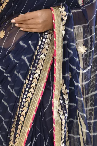 Blue leheriya gota work saree with unstitched blouse fabric