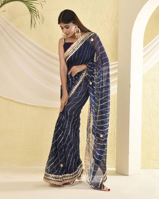 Blue leheriya gota work saree with unstitched blouse fabric 5
