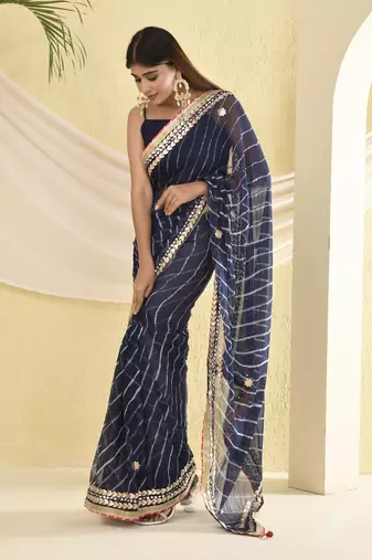 Blue leheriya gota work saree with unstitched blouse fabric