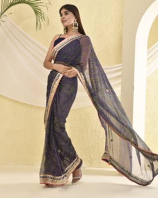 Navy blue bandhani work saree with unstitched blouse fabric 1