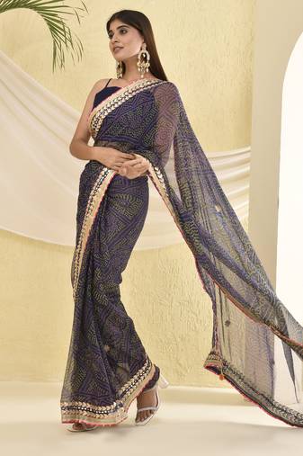 Navy blue bandhani work saree with unstitched blouse fabric