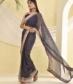 Navy blue bandhani work saree with unstitched blouse fabric