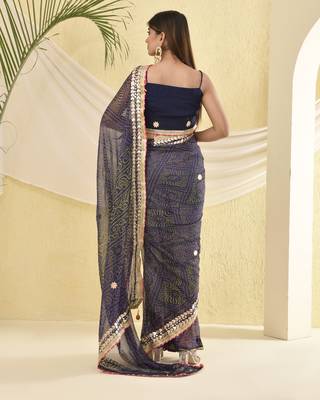 Navy blue bandhani work saree with unstitched blouse fabric 2